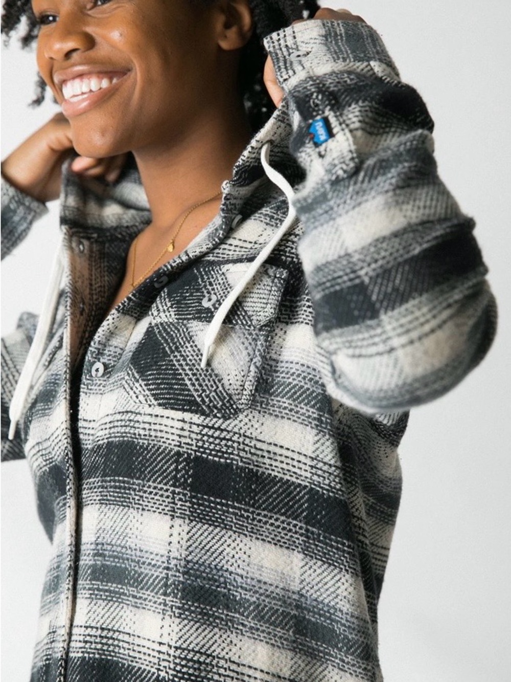 Kavu Jess Flannel Hoodie Womens Size Small Jacket Shacket Plaid Button Up Hiking